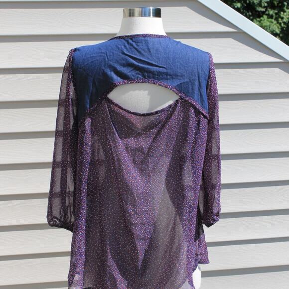 Lily Rose Women's Blouse Denim & Sheer Prairie Cottage Country Indie - Picture 9 of 13